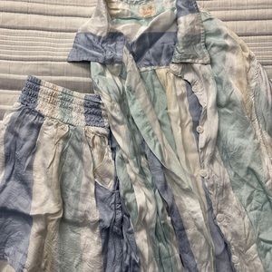 Surf Gypsy Blue and Green Silk Button Up with Matching Short Bottoms (S)